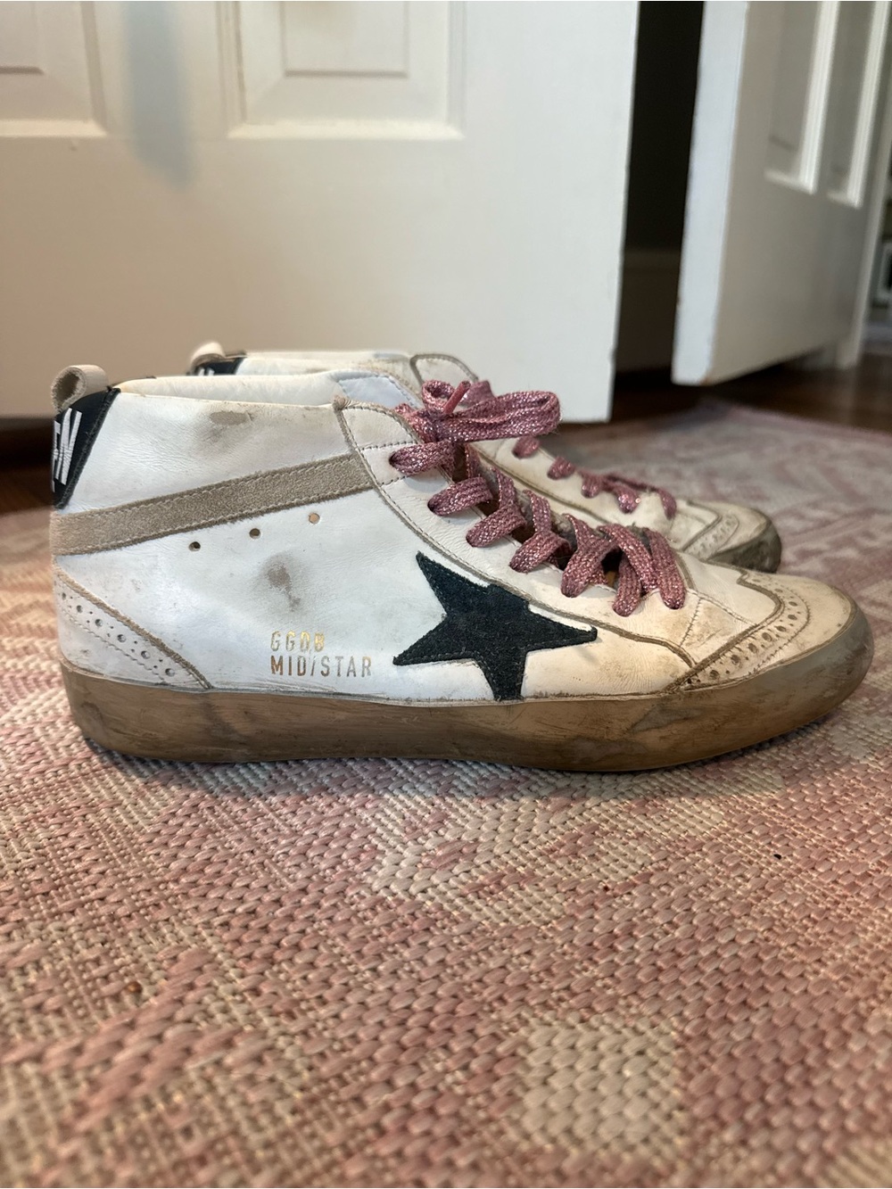 Golden Goose White Mid Star High-Top Sneakers with Black Star and Pink Laces